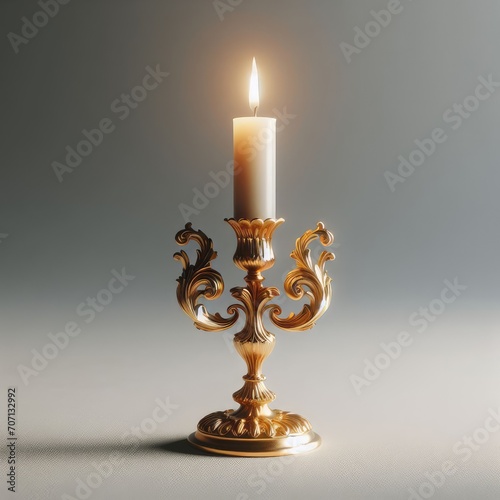 burning golden candle in a candlestick 