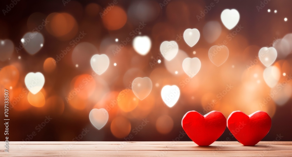 valentines day background with heart hearts floating on top of a wooden floor in front of blurring ligh, horizontal banner, copy space for text