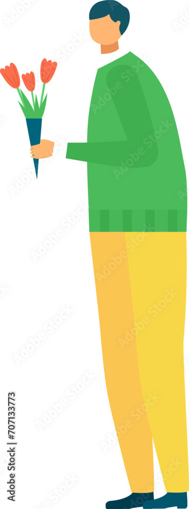 Man holding tulips, casual attire, modern flat style. Gentleman with flowers, gifting, cheerful moment vector illustration. Man holding tulips, casual attire, modern flat style. Gentleman with flowers, gifting, cheerful moment vector illustration.