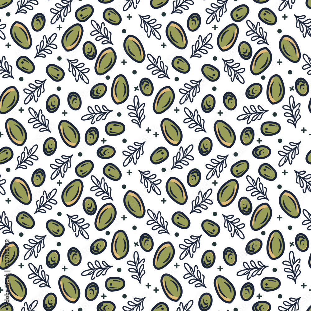 Seamless pattern, green olives, oil drops and leaves. Hand drawn vector background. Seamless pattern, green olives, oil drops and leaves. Hand drawn vector background.