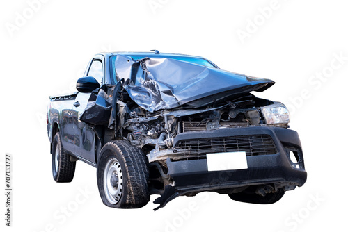 Front and Side view of black pickup truck car get damaged by accident on the road. damaged cars after collision. isolated on transparent background, Car and casualty insurance, PNG File