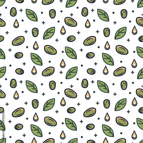 Seamless pattern, green olives, oil drops and leaves. Hand drawn vector background.