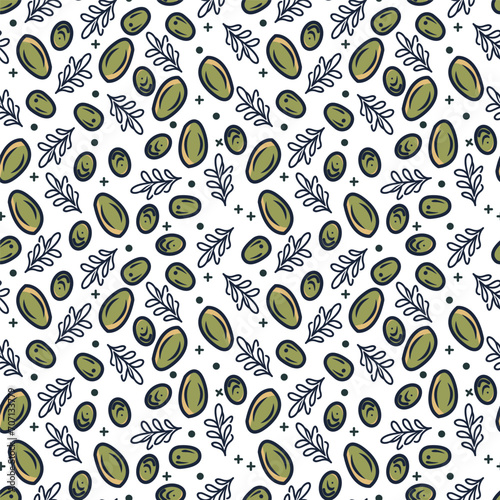 Seamless pattern   green olives  oil drops and leaves. Hand drawn vector background.