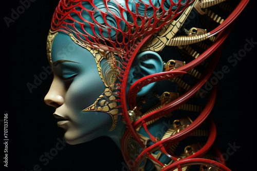 Female alien on black background. Prototype mother science fiction female artificial intelligence. Mind of the machine of robotic science fiction hardwired to computer core photo