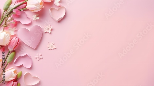 Bouquet of beautiful spring flowers and paper hearts on pastel pink table for Happy mothers day. Flat lay.  © Ziyan Yang