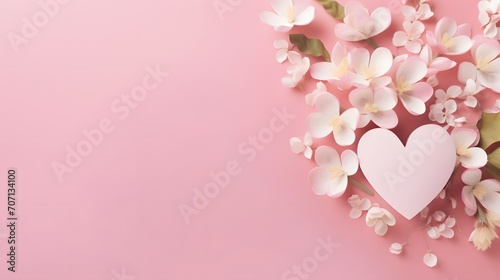 Bouquet of beautiful spring flowers and paper hearts on pastel pink table for Happy mothers day. Flat lay.  © Ziyan Yang