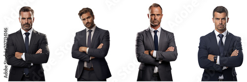 business man with crossed arms and serious face, ultrarealistic photography, cinematic, on a transparent background 