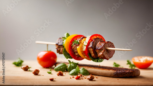 Tasty grilled meat skewer with vegetables on wooden sticks isolated on white background.bbq food.  Ai Generated