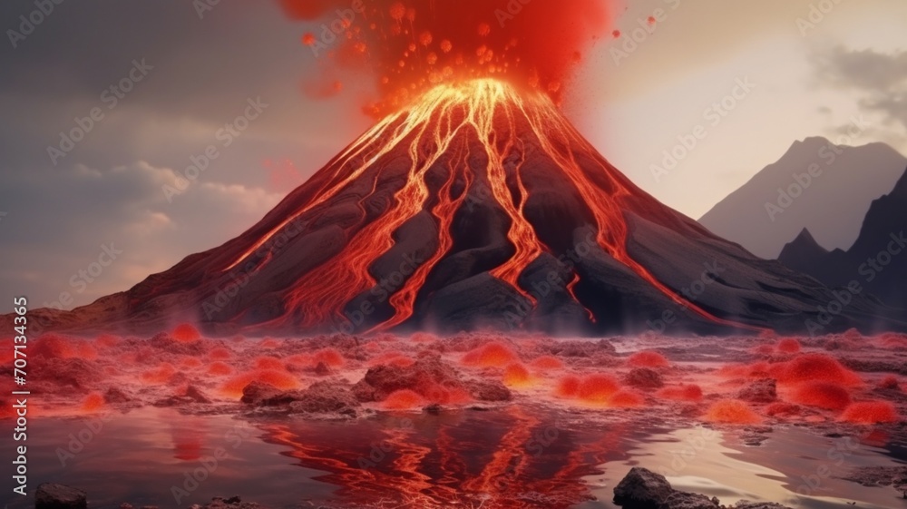 Water red gas coming out volcano lava image Ai generated art