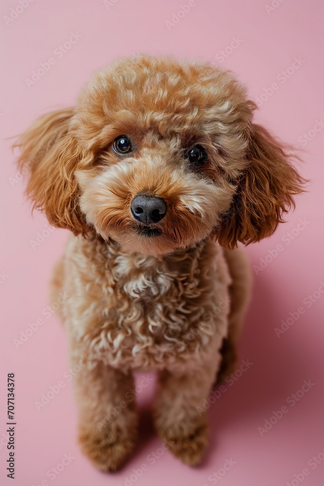Top view photo of cute brown poodle sitting against pink background Top view photo of cute brown poodle sitting against pink background