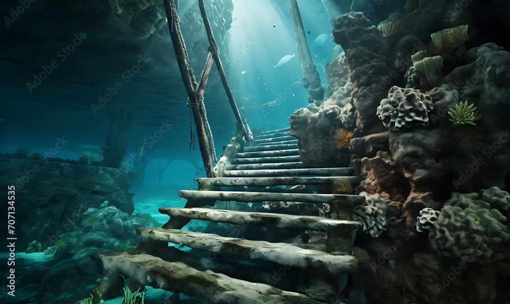 Underwater stairs in tropical sea with style weathered materials, rusty ...