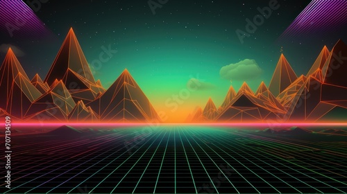 Futuristic retro 80s landscape.Futuristic retro 80s landscape. Futuristic illustration in retro style. Retro digital cyber surface. Suitable for design in the style of the 80s. AI generated