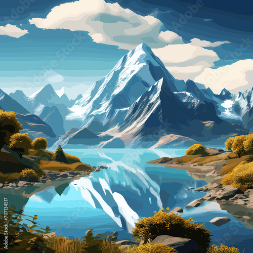 An illustrative image featuring mountains and nature with a blue and green theme.