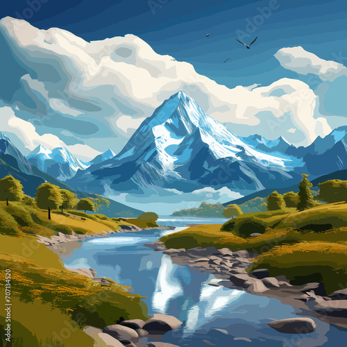 An illustrative image featuring mountains and nature with a blue and green theme.