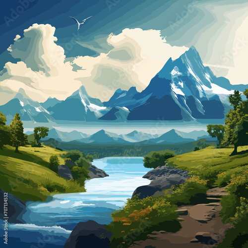 An illustrative image featuring mountains and nature with a blue and green theme.
