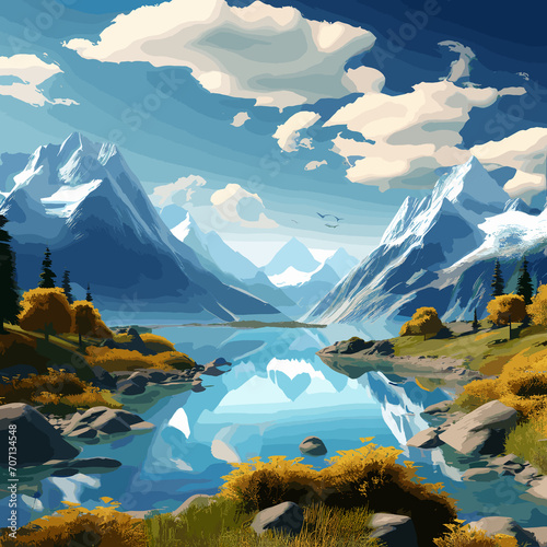 An illustrative image featuring mountains and nature with a blue and green theme.