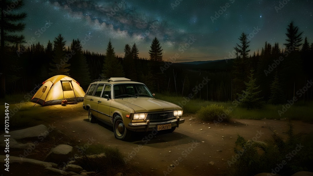 Illuminated tent and vintage car parked under starry night sky in a secluded forest. AI