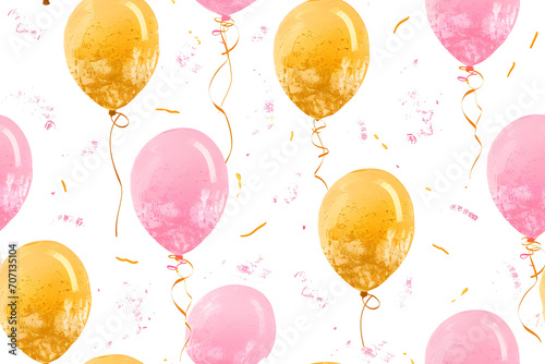 Watercolor seamless pattern with pink and gold balloons