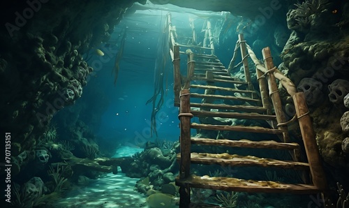 Underwater stairs in tropical sea with style weathered materials  rusty debris  balance  dark cabin core. Generative Ai  