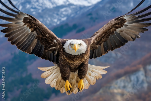 Flying bald eagle with open wings, close-up on a mountainous landscape. photo