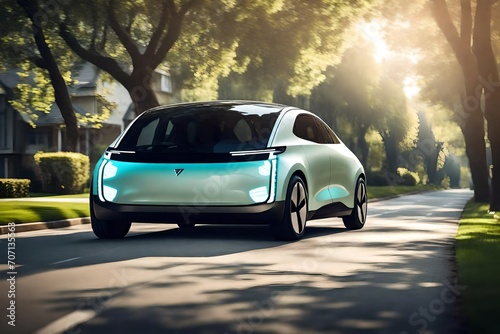 A modern electric car driving on a tree-lined road in a suburban neighborhood.