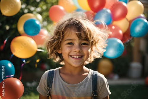 Cheerful child with a bright smile enjoying a sunny day surrounded by colorful balloons. AI