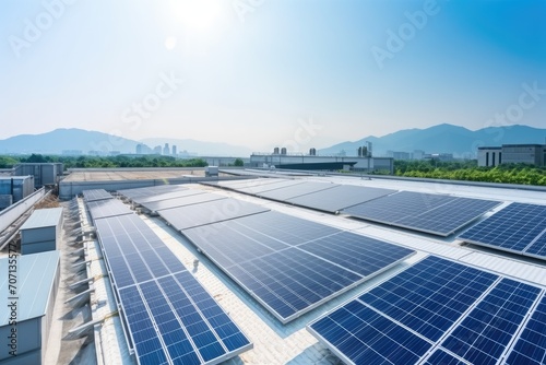 Solar panels on a building roof against a city skyline with a clear blue sky, showcasing renewable energy in urban settings.