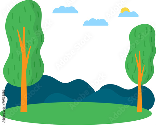 Cartoon landscape with two green trees, blue hills, and white clouds in the s...