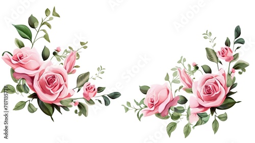 Set of vector bouquets of pink rose. Flowers on white background. All elements are isolated. Elements for wedding design. Corners and borders of pink roses. generative ai photo