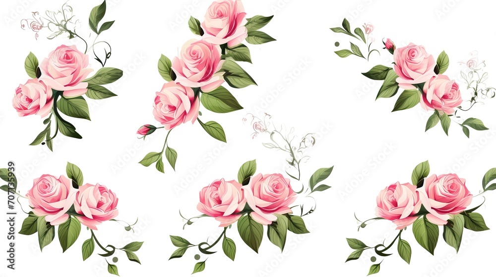 Set of vector bouquets of pink rose. Flowers on white background. All elements are isolated. Elements for wedding design. Corners and borders of pink roses. generative ai