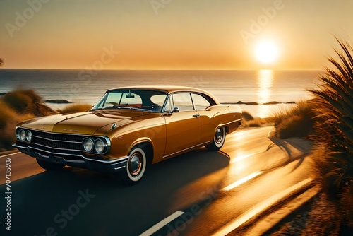 A nostalgic scene of a retro car driving along a coastal highway, with the sun setting over the ocean, casting a warm glow.