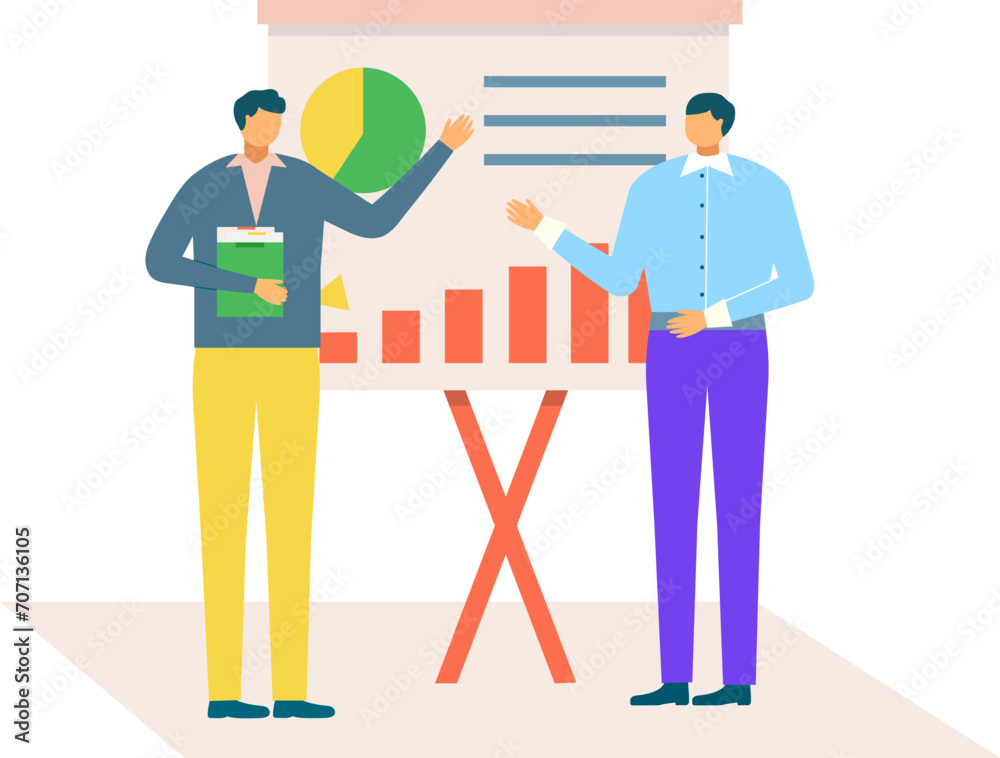 Two men discussing business data on presentation chart. Office workers analyzing sales graph and reports. Presentation and discussion in meeting vector illustration. Two men discussing business data on presentation chart. Office workers analyzing sales graph and reports. Presentation and discussion in meeting vector illustration.