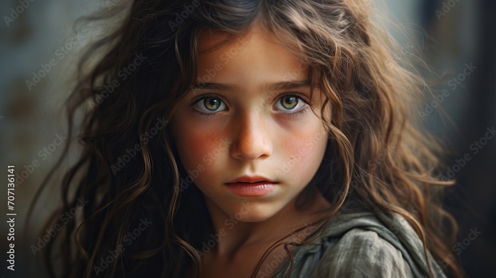Portrait rapproché d'une jeune fille aux traits frappants et à la chevelure bouclée Portrait rapproché d'une jeune fille aux traits frappants et à la chevelure bouclée