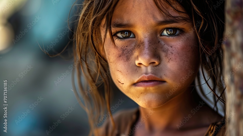 Regard grave de l'enfance : Portrait rapproché, beauté naturelle et intensité du regard. Regard grave de l'enfance : Portrait rapproché, beauté naturelle et intensité du regard.