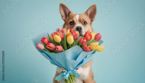 Lustiger Hund mit Tulpenstrauss in den Pfoten vor blauem Hintergund photo