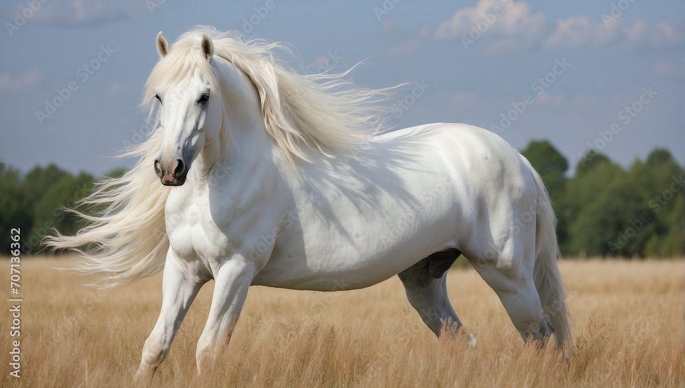 Magnificent White Horse Standing in the Field, Its Manes Blown with the Wind Magnificent White Horse Standing in the Field, Its Manes Blown with the Wind
