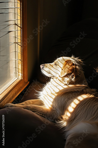  A dog enjoying a sunbeam in a cozy room. © Degimages