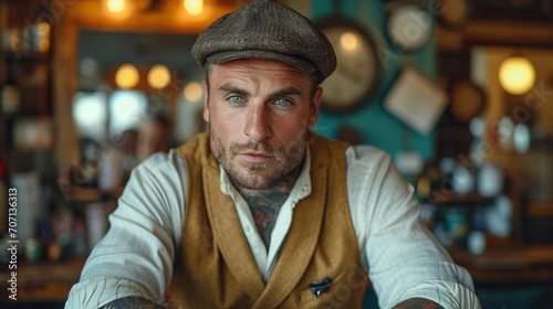 Portrait d'un homme à la barbe et aux tatouages, style vintage et sourire chaleureux photo