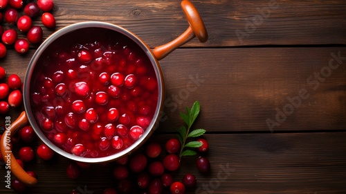 Cranberry sauce in ceramic saucepan with berries on wooden kitchen table from above. photo