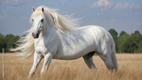 Magnificent White Horse Standing in the Field, Its Manes Blown with the Wind