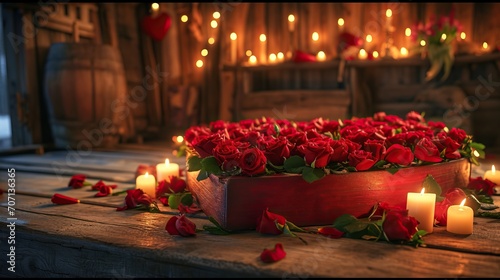 Ambiance romantique: Roses rouges, bougies allumées, soirée d'amour éclairée photo