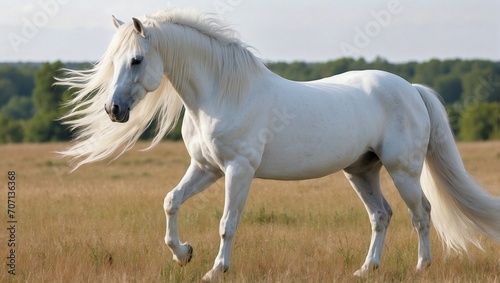 Magnificent White Horse Standing in the Field, Its Manes Blown with the Wind