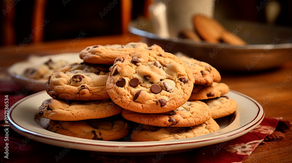 Healthy oatmeal cookies with chocolate in a plate on a wooden table.
