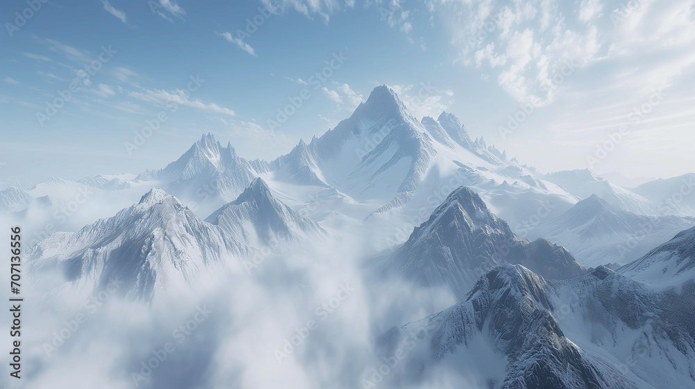 Obraz premium Snowy mountains panorama, An aerial view of a snow-covered mountain range with jagged peaks and valleys, top of snowy mountain range, Ai generated image