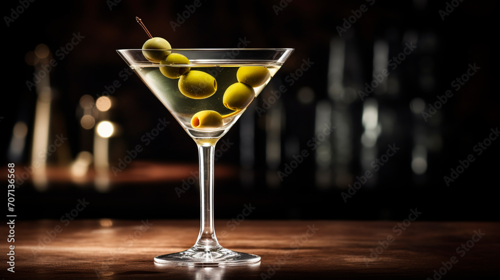 Vodka martini, classic alcoholic cocktail drink with green olives