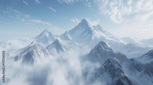 Snowy mountains panorama, An aerial view of a snow-covered mountain range with jagged peaks and valleys, top of snowy mountain range, Ai generated image