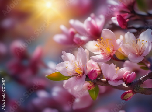 close-up of pink peach blossom surrounded by mist and water droplets in warm sunlight © HappymanPhotography