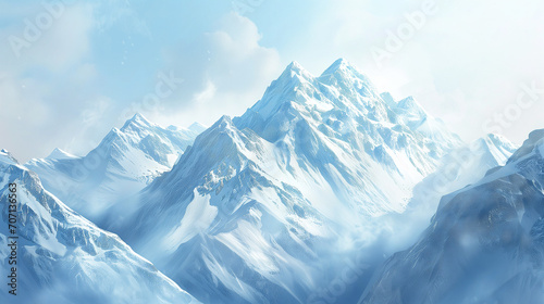 An aerial view of a snow-covered mountain range with jagged peaks and valleys, top of snowy mountain range, Ai generated image © PixxStudio