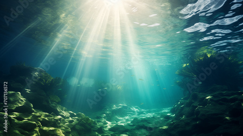underwater view of the world, Split underwater view with sunny sky and serene sea, Underwater photo of scenery with sunlight and beams underwater, Ai generated image  © PixxStudio