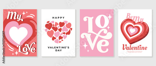 Happy Valentine's day love cover vector set. Romantic symbol wallpaper of geometric shape pattern, heart shaped icon. Love illustration for greeting card, web banner, package, cover, fabric.